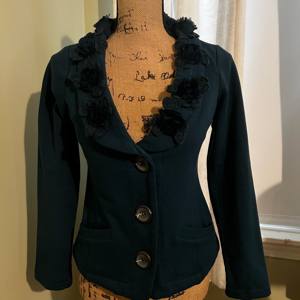 Dark Teal Floral Trim Blazer by Nick & Mo (Anthro) - size XS; Worn 1x, Exc Cond!